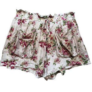 Lulus Women Blooming Views Casual Shorts XL Beige Floral Drawstring Linen Blend